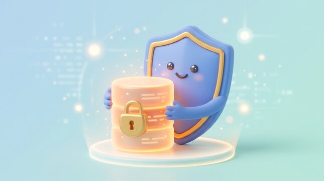Protecting Sensitive Information with Secure Data Encryption, Cute cartoon character protecting a data storage with a padlock, symbolizing cybersecurity.