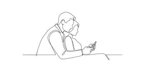 Continuous line drawing of a young couple looking together at a smartphone screen © SR