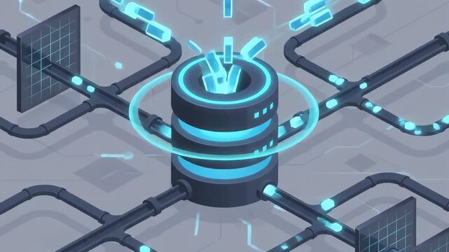 digital data cubes flow through transparent pipes and square grid portals set against a structured technological background representing a complex interconnected network system in an isometric view