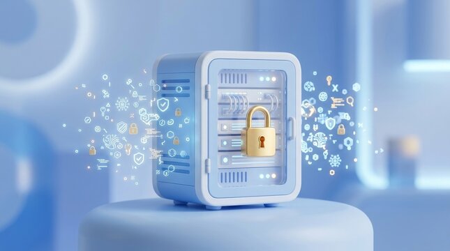Protecting Sensitive Information with Secure Data Encryption, Digital safe surrounded by floating icons representing security and data protection.