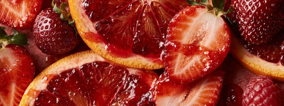 Fresh strawberries and blood oranges in rich, vibrant colors