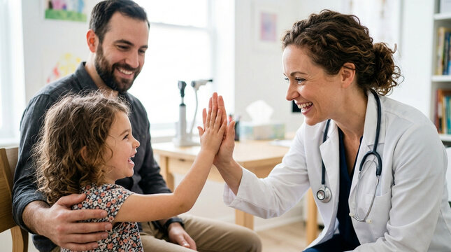 Doctor giving high five to happy child patient, father smiling beside them in clinic