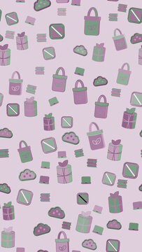Seamless pattern of shopping bags, gifts, books, and clouds