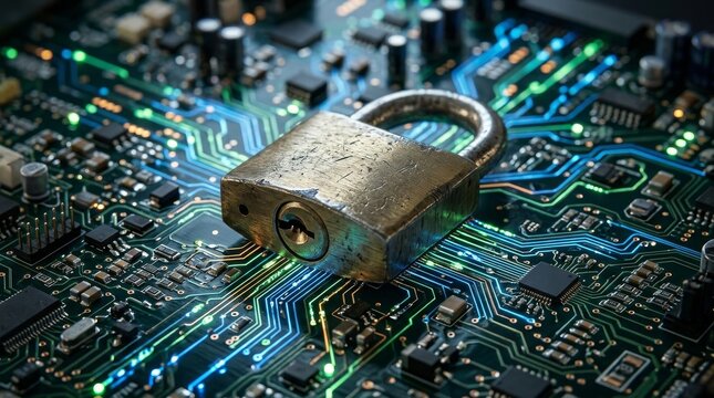 Protecting Sensitive Information with Secure Data Encryption, Secure padlock on a circuit board, symbolizing cybersecurity and data protection.