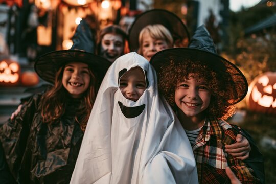 Happy children dress as witches and a ghost