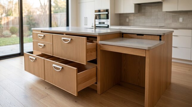 Modern wooden kitchen island with open drawers showcasing accessible home design features and clever storage