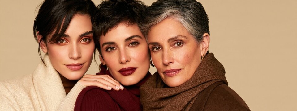 Three women pose closely together against a warm, neutral backdrop