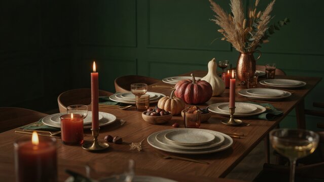 Elegant dining table set with candles pumpkins and autumn decor for dinner party