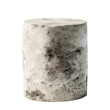 Stone cylindrical pedestal with rough texture shown isolated on white background, concept of minimal decor
