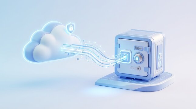 Protecting Sensitive Information with Secure Data Encryption, Digital safe connected to cloud storage, representing data security and protection.