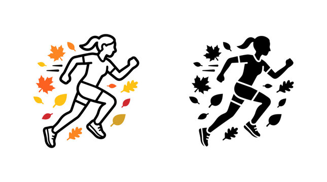Woman running in autumn with falling leaves, illustration in two styles.