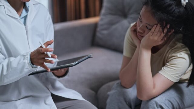 Psychologist holding a tablet and taking notes while counseling a teenager with depression.