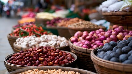 Fototapeta premium Colorful baskets filled with fresh produce at a bustling outdoor market stall showcasing vibrant reds purples and earthy tones