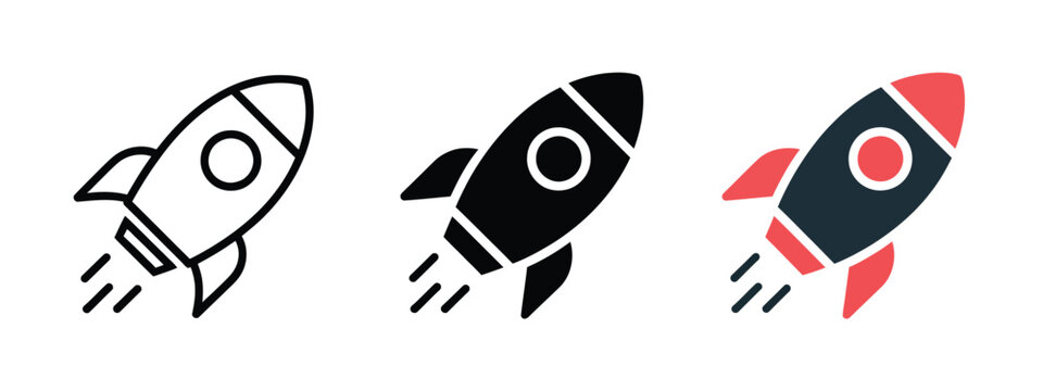 Rocket launch icon set, minimalist outline and solid vector symbols with motion trails, representing startup growth, business progress, innovation, and space exploration.