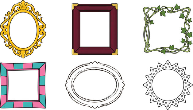 Vintage and modern decorative picture borders collection featuring gold baroque wooden ivy vine and starry frame designs