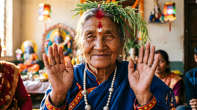 Elderly Nepali Grandmother Giving Blessings During Dashain Festival