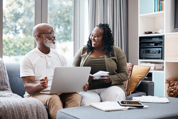 Mature, laptop and happy couple with paperwork for finance or budget planning together in home....