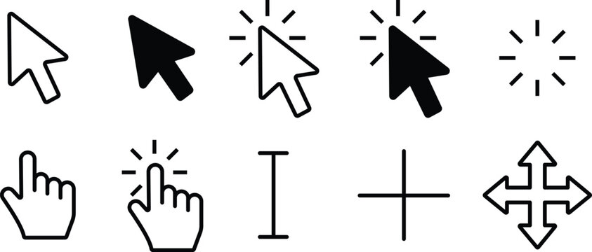 Cursor mouse click icon set featuring arrow and hand symbols for web