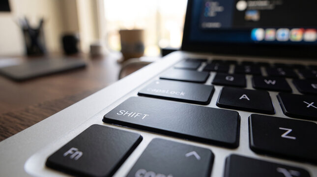 Close-up of a laptop keyboard, focusing on the 'Shift' key, with a blurred office desk in the background