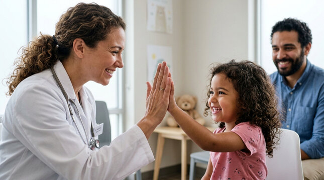 Doctor high-fiving happy child, father smiling in background, pediatric care
