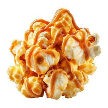 Closeup view of golden caramel drizzled popcorn kernel isolated on white background, concept of cinema sweet snack temptation