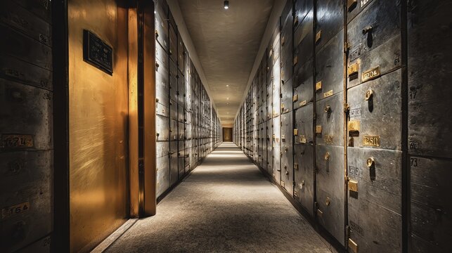 Long corridor with metallic safety deposit boxes