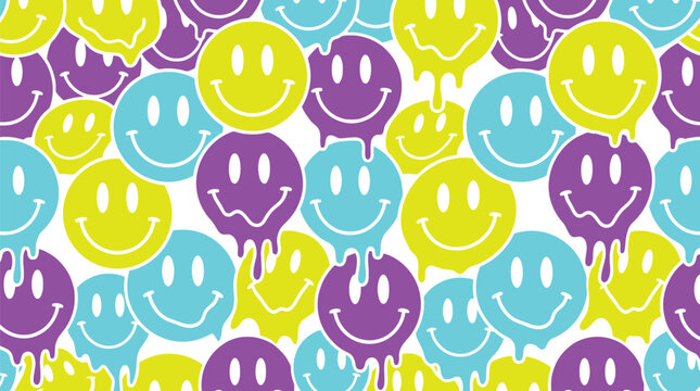 Colorful dripping smiley face vector pattern illustration featuring vibrant neon hues for modern creative graphic design