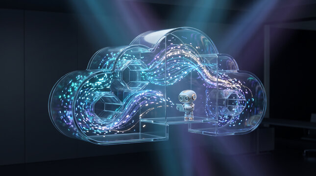 Cute AI robot inside a glowing glass cloud symbol managing big data and cloud computing
