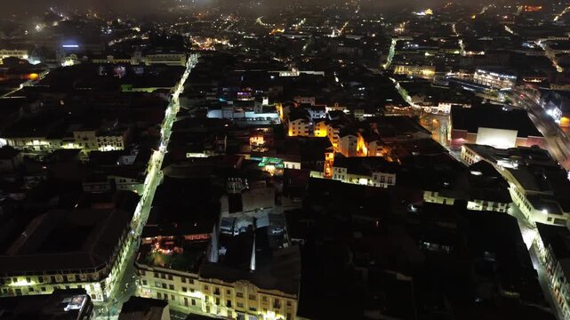 Night Aerial View of Quito Ecuador Urban Grid with Bright Streets, Historic Center, Buildings and High Altitude Capital Cityscape