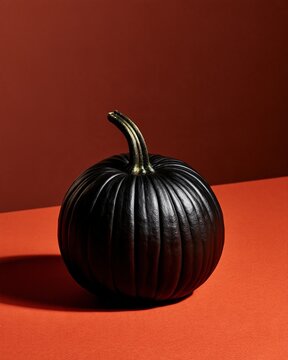 Black pumpkin rests on warm orange surface