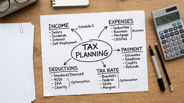 A mind map illustrating tax planning, with branches for income, deductions, expenses, tax rate, and payment, surrounded by a calculator, pens, and papers