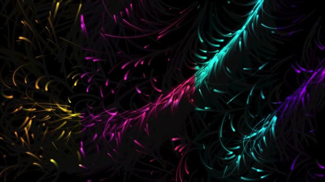 Vibrant feather swirl motion background with gold, pink and teal colors