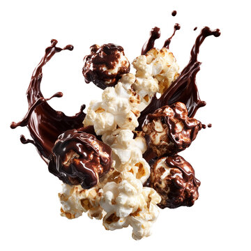 Popcorn kernel pieces with splashing chocolate isolated on white background, conveying sweet cinema snack concept