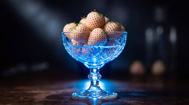 A striking macro photograph of fresh white pineberries in an elegant crystal coupe glass illuminated by glowing blue light