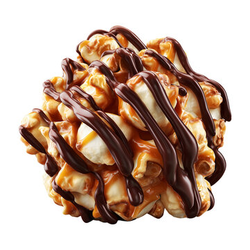Caramel popcorn kernel coated in rich chocolate, isolated on white background, concept of cinema sweet indulgence