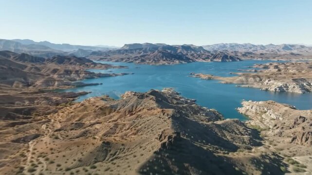 Aerial drone view of lake mead reservoir and desert mountains, nevada landscape