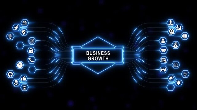 Business growth glowing digital network infographic animation featuring connected hexagon nodes financial success strategy modern corporate presentation background concept