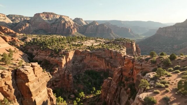 Aerial cinematic view of zion national park red rock canyons and desert landscape at sunset drone utah