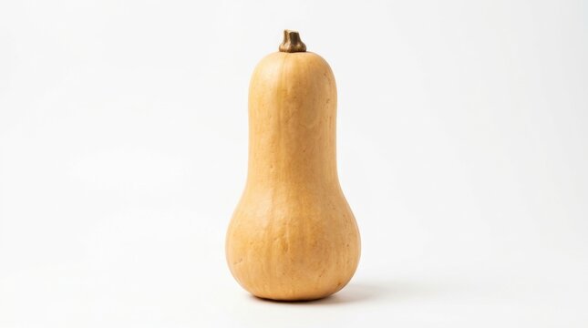 A single raw butternut squash stands upright against a plain white background capturing its distinct pale beige color and unique bulbous shape with a small brown stem