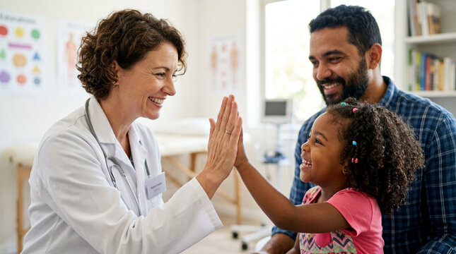 Doctor giving high five to happy child patient, father smiling beside them