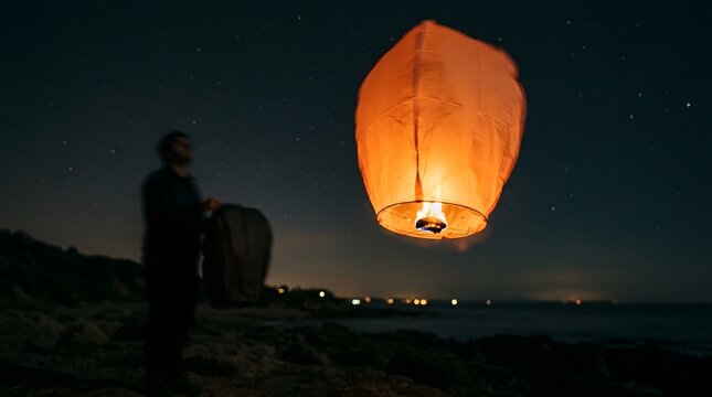 A silhouette of a couple releasing a glowing sky lantern during the traditional indian festival of karwa chauth at night under a dark sky