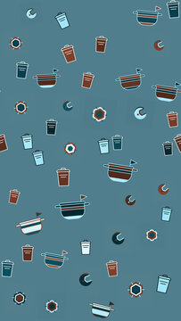 Stylized icons pattern: trash cans, boats, moons