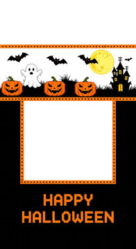 Retro pixel art halloween frame with spooky castle and bats