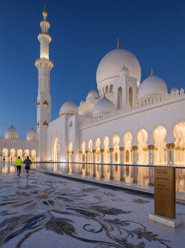 Sheikh Zayed Grand Mosque Abu Dhabi Twilight Blue Orange Sky Visitors Ultra Detailed.