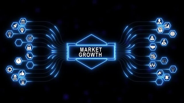 Market growth concept with neon blue digital network animation featuring business strategy financial data flow, and corporate innovation symbols in futuristic cyber technology background