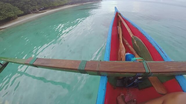 POV from Bow of Wooden Fishing Boat Sailing Toward Island Coastline, Ambon