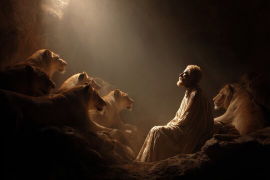 Daniel in the Lions&rsquo; Den, Calm Prophet Surrounded by Gentle Lions Under a Soft Glow of Divine Protection