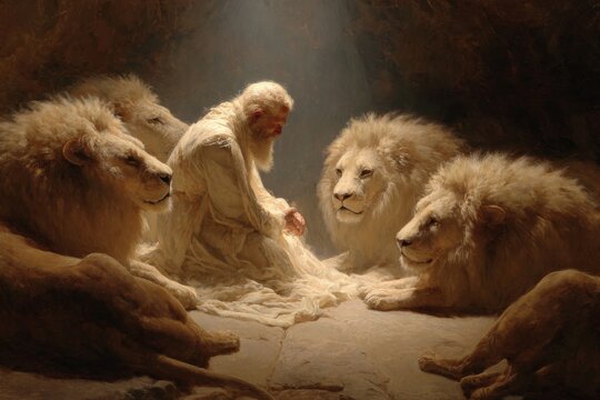 Daniel in the Lions&rsquo; Den, Calm Prophet Surrounded by Gentle Lions Under a Soft Glow of Divine Protection