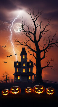 Spooky haunted house during thunderstorm with glowing jack o lanterns illustration