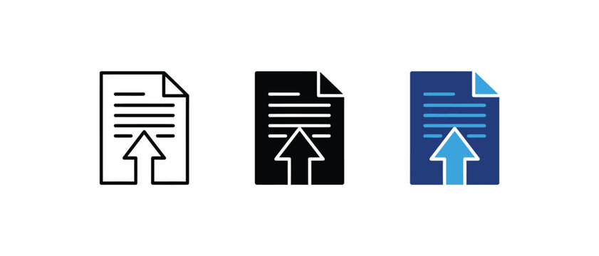 Upload document file up arrow submit send data page transfer icon set. Vector illustration